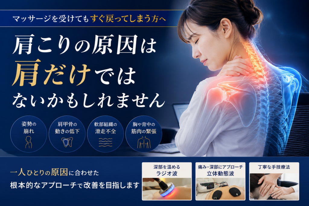 帯広・十勝で肩こり・首こりにお悩みの方へ。ラジオ波、立体動態波、手技療法を組み合わせた根本改善を紹介する整骨院のイメージ画像