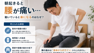 朝起きると腰が痛い原因を解説するイメージ画像。ベッドから起き上がり腰を押さえる男性と、筋肉・筋膜の硬さ、椎間板への負担、関節の動きの低下など朝の腰痛の原因を紹介した図解。
