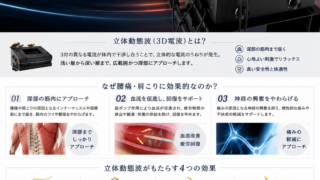 酒井医療フィジオ5Dを使用した立体動態波治療の紹介。腰痛や肩こり、筋肉の緊張に対して深部まで電気刺激を届ける物理療法機器のイメージ。