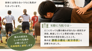 夏休みの部活動で長時間スポーツをする高校生の腰痛やスポーツ障害をイメージした、なかや整骨院のアイキャッチ画像。腰の痛みや繰り返すスポーツによる身体の不調、疲労骨折などの早期発見とケアについて紹介。帯広・十勝でスポーツによる腰痛や身体の痛みに対応する整骨院。
